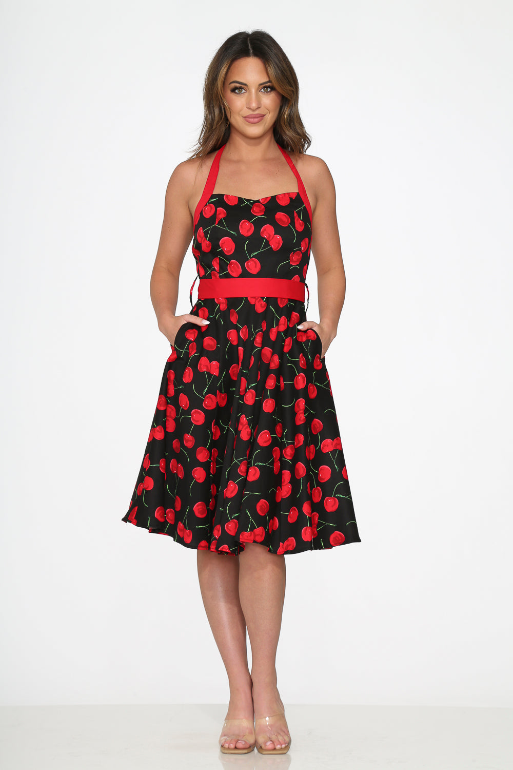 22110 Black Red Cherry Halter Dress